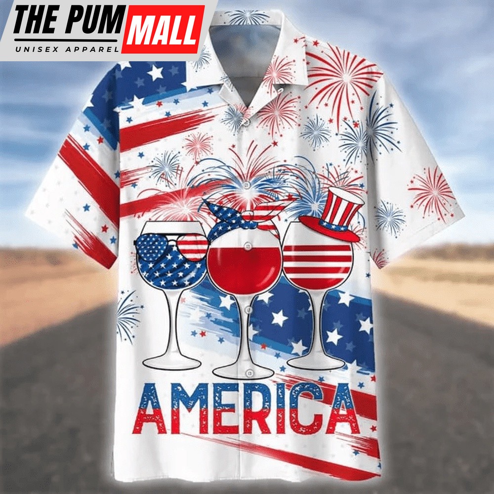 4th Of July Hawaiian Shirt, 3D All Over Print Usa Hawaiian Shirt Glass Drinking Cheer Up Independence Day, Hawaiian Fourth Of July Shirt