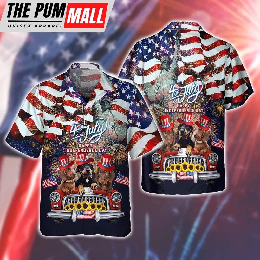 4th Of July Hawaiian Shirt, 4Th July Celebration Dachshund 3D Hawaiian Shirt Unique Print, Hawaiian Fourth Of July Shirt