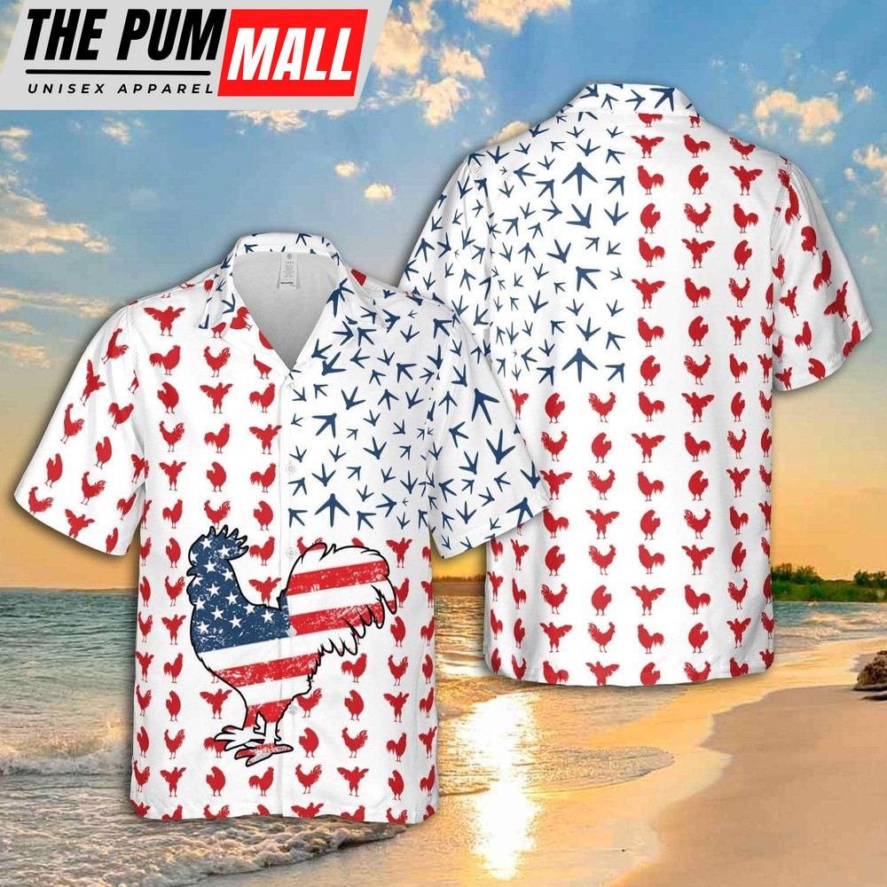 4th Of July Hawaiian Shirt, 4Th July Rooster American Flag Unisex Hawaiian Shirts, Chicken Lover Hawaiian Shirt, Hawaiian Fourth Of July Shirt