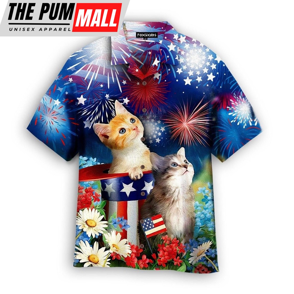 4th Of July Hawaiian Shirt, 4th of July Celebratory Cat on Hawaiian Shirt, Hawaiian Fourth Of July Shirt