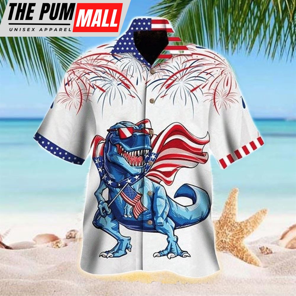4th Of July Hawaiian Shirt, 4Th Of July Dinosaurs For Dinosaurs Lovers Hawaiian Shirt, Hawaiian Fourth Of July Shirt