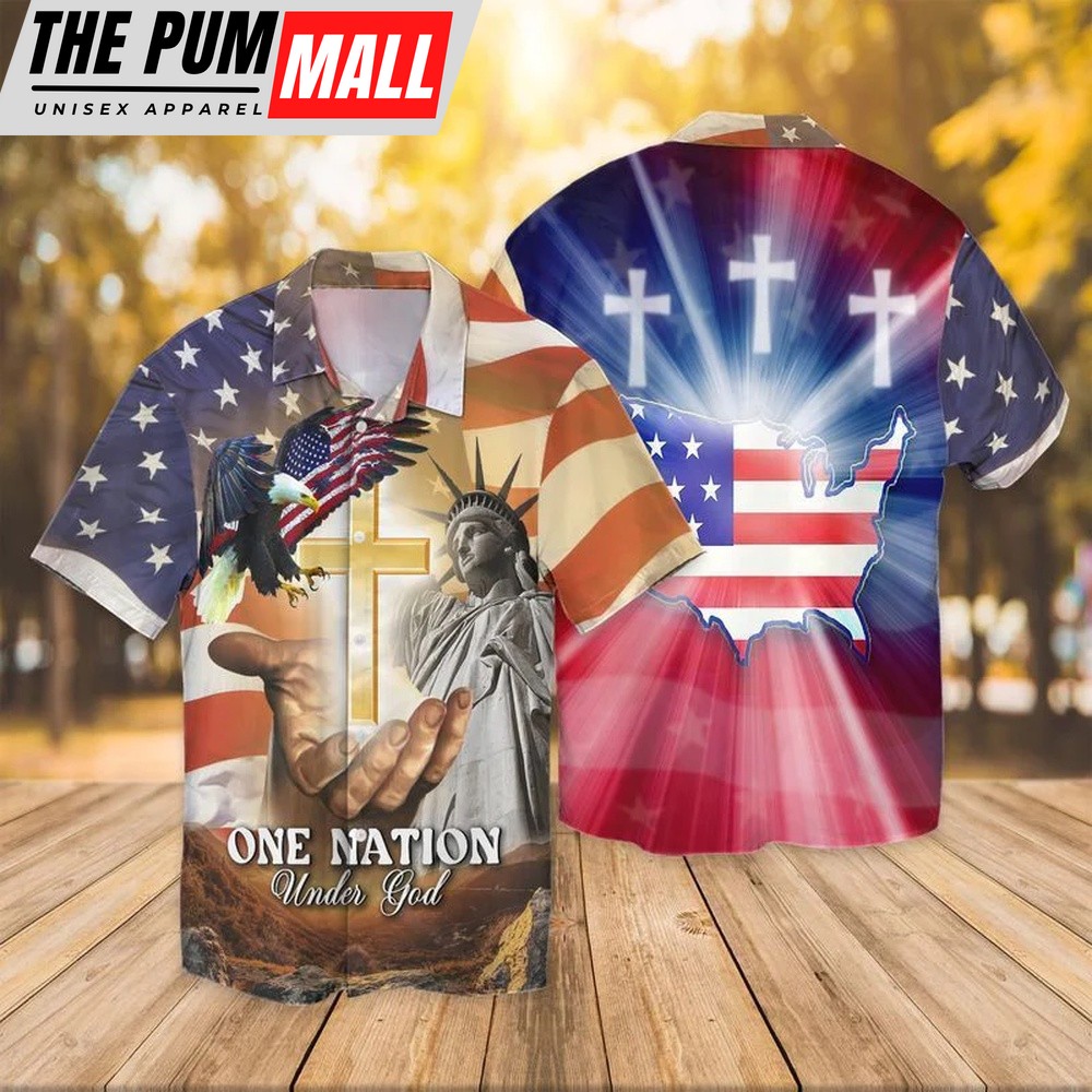 4th Of July Hawaiian Shirt, 4Th Of July Independence Day American Flag Jesus One Mation Under God Eagle Trendy Hawaiian Shirt