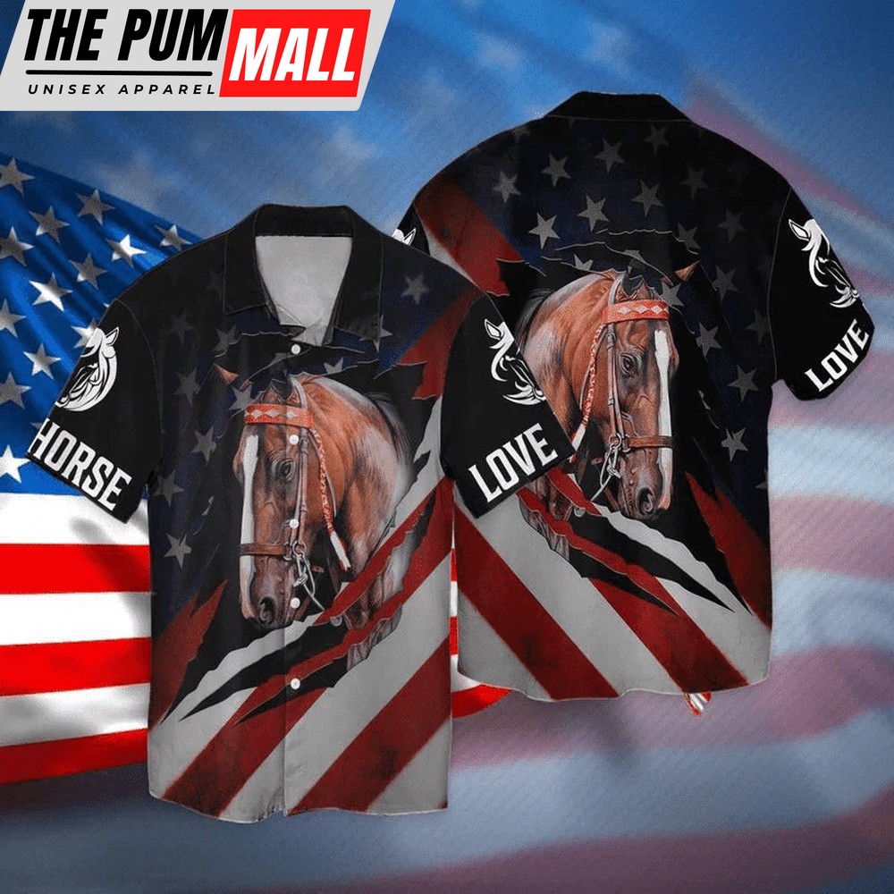4th Of July Hawaiian Shirt, 4Th Of July Independence Day Love Horse American Flag Hawaiian Shirt, Hawaiian Fourth Of July Shirt