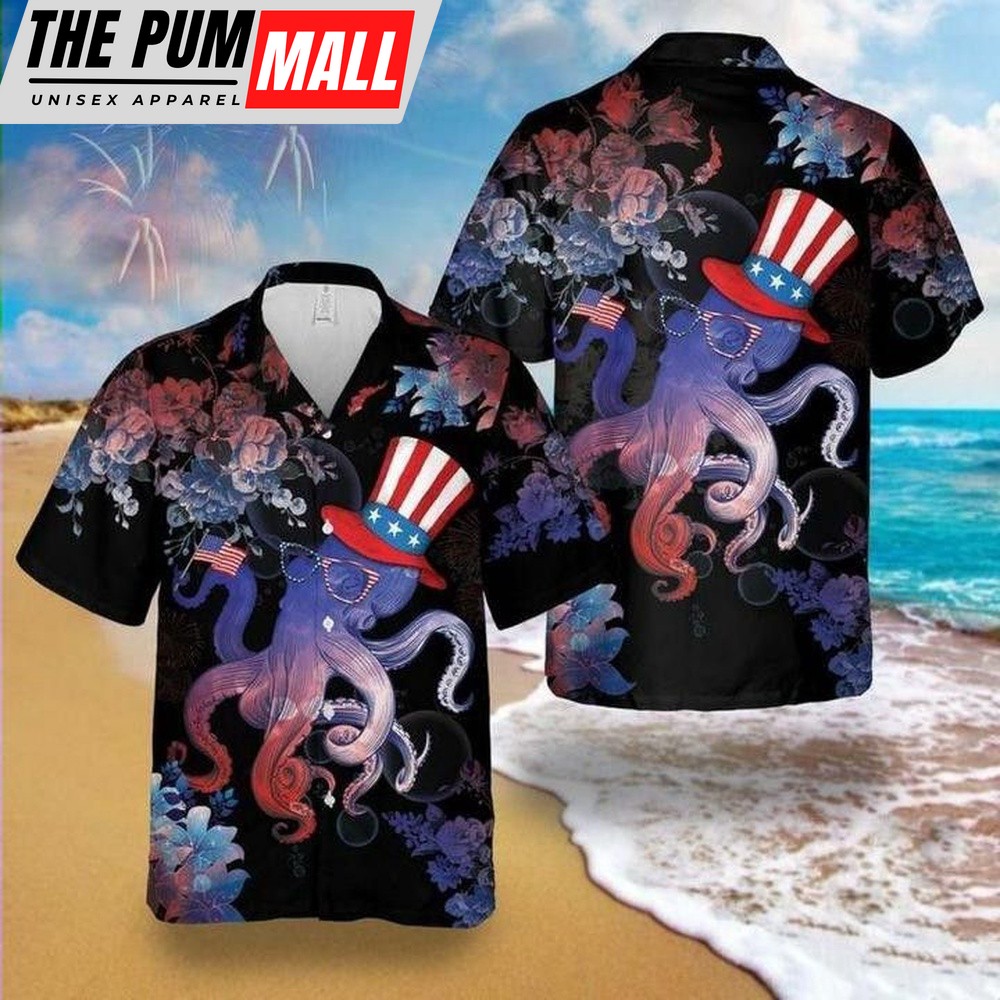 4th Of July Hawaiian Shirt, 4Th Of July Trendy Hawaiian Shirt Octopus Celebrates 4Th Of July Flower Black Hawaii Aloha Shirt