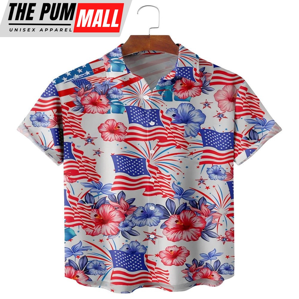4th Of July Hawaiian Shirt, American Flag Flower Casual Men’s Hawaiian Shirt Hawaiian Shirt, Hawaiian Fourth Of July Shirt