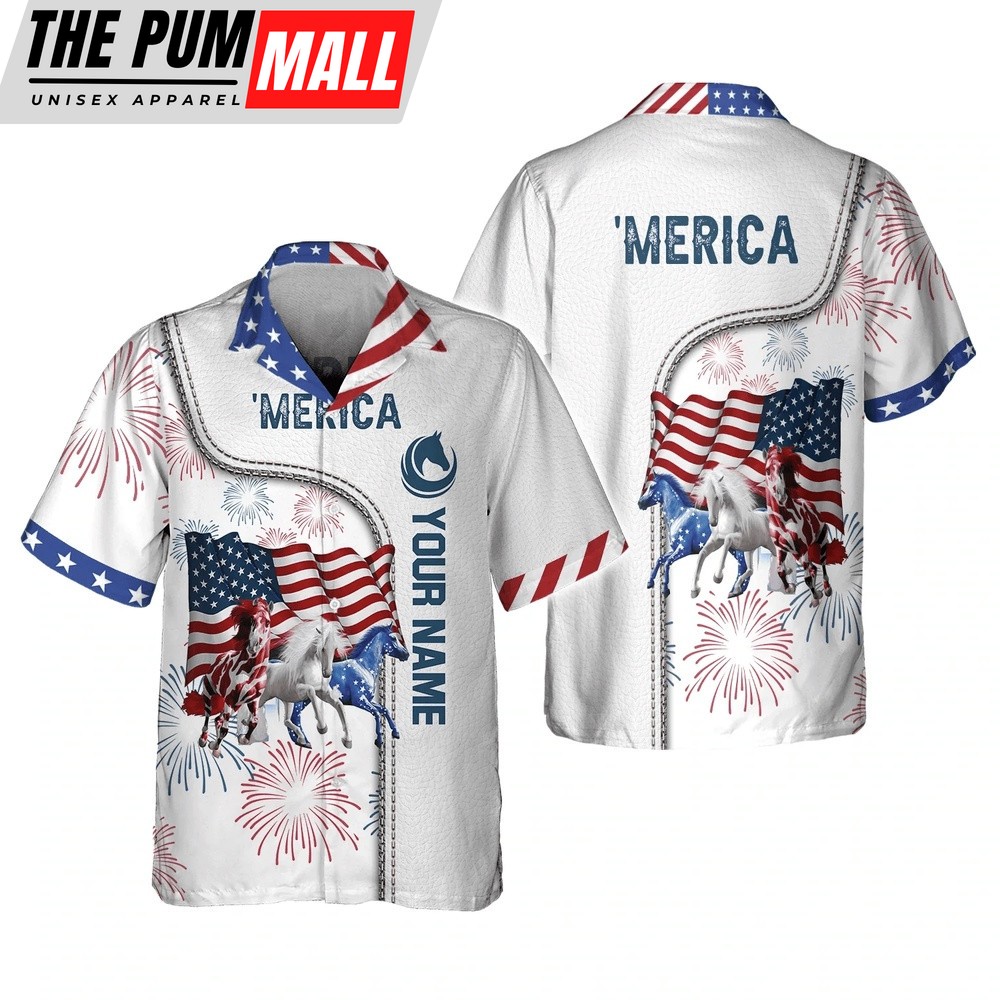 4th Of July Hawaiian Shirt, American Horse 4Th Of July Shirt, Personalized Name 3D Hawaiian Shirt, Hawaiian Fourth Of July Shirt