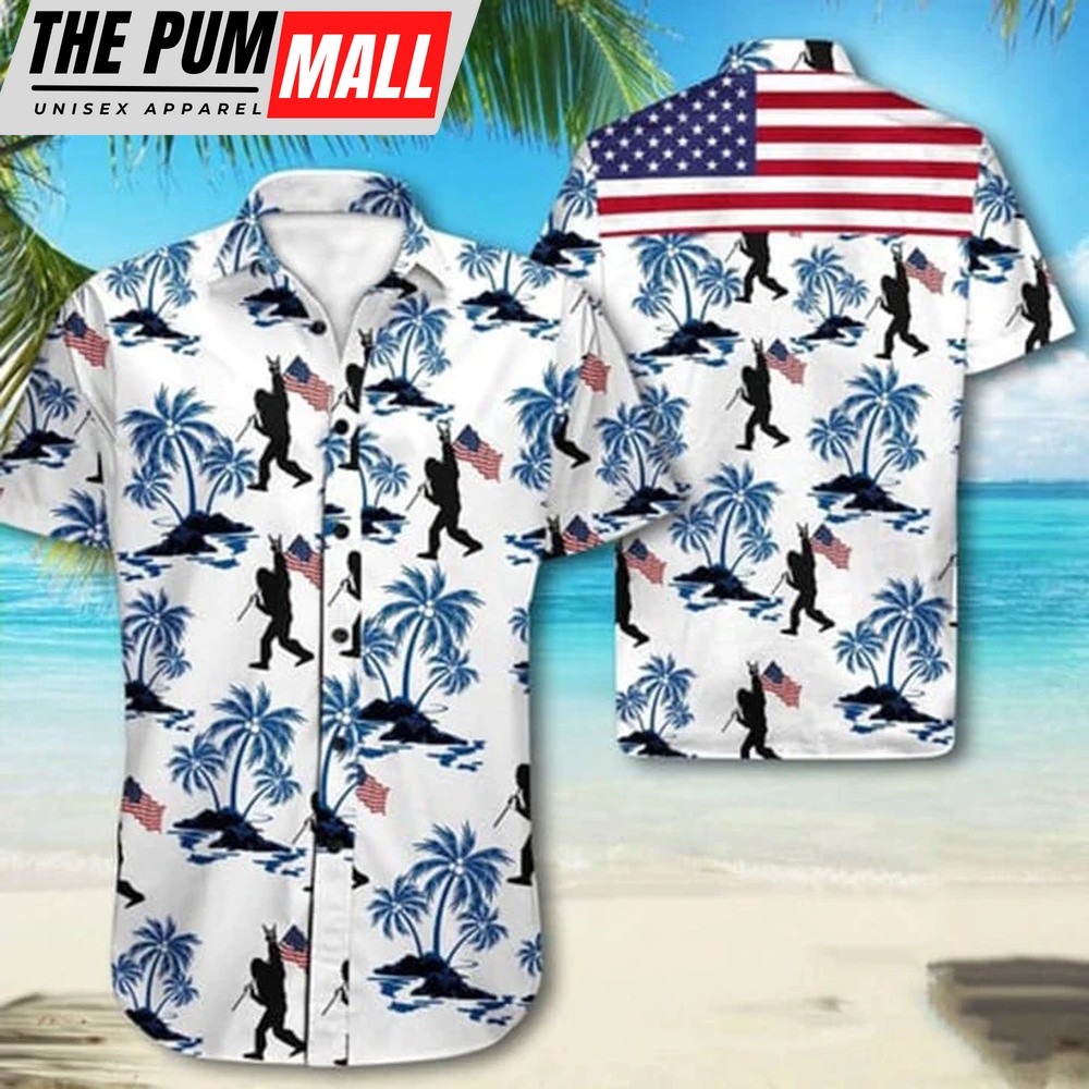 4th Of July Hawaiian Shirt, Bigfoot Proud Of America 4Th Of July Tropical, Bigfoot Hawaiian Shirt, Hawaiian Fourth Of July Shirt