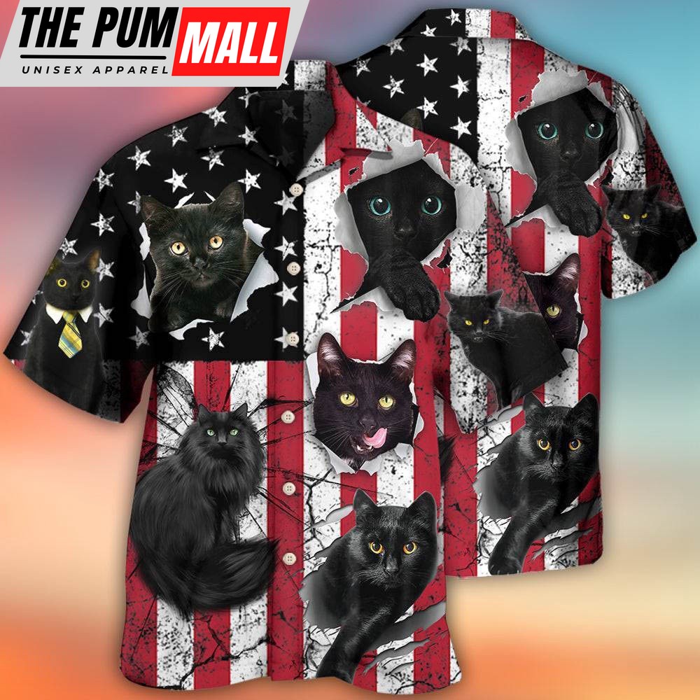 4th Of July Hawaiian Shirt, Black Cat Independence Day Hawaiian Shirt, Hawaiian Fourth Of July Shirt