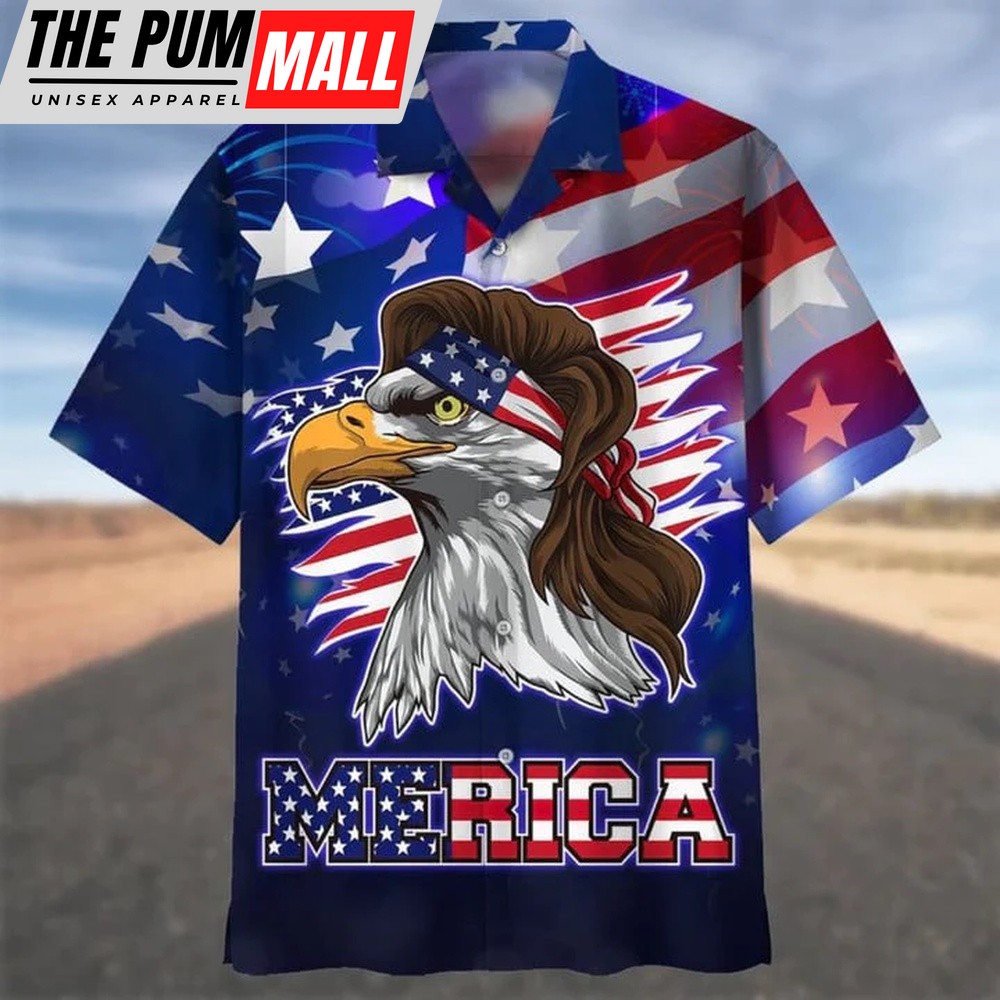 4th Of July Hawaiian Shirt, Blue Merican Hawaiian Shirt With Eagle, Independence Day Hawaii Aloha Beach Shirt, Hawaiian Fourth Of July Shirt