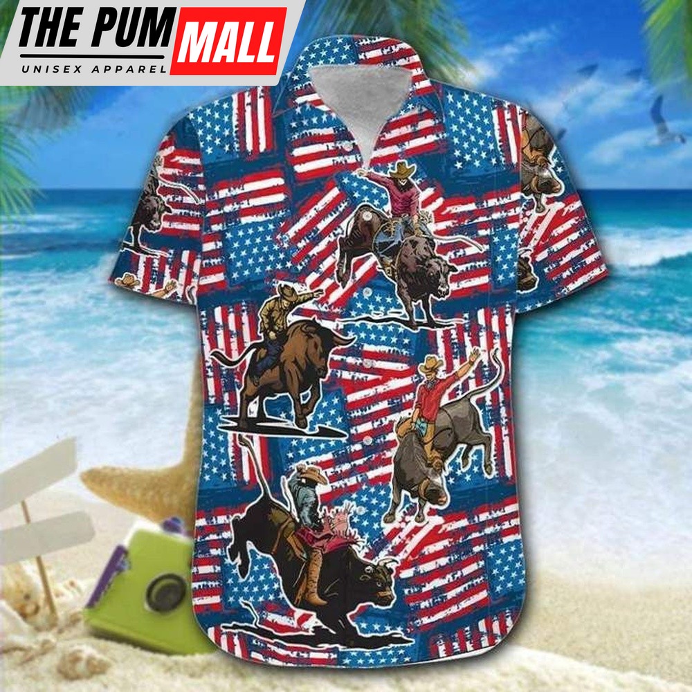 4th Of July Hawaiian Shirt, Bull Riding American Flag 4Th Of July Hawaiian Shirt, Hawaiian Fourth Of July Shirt