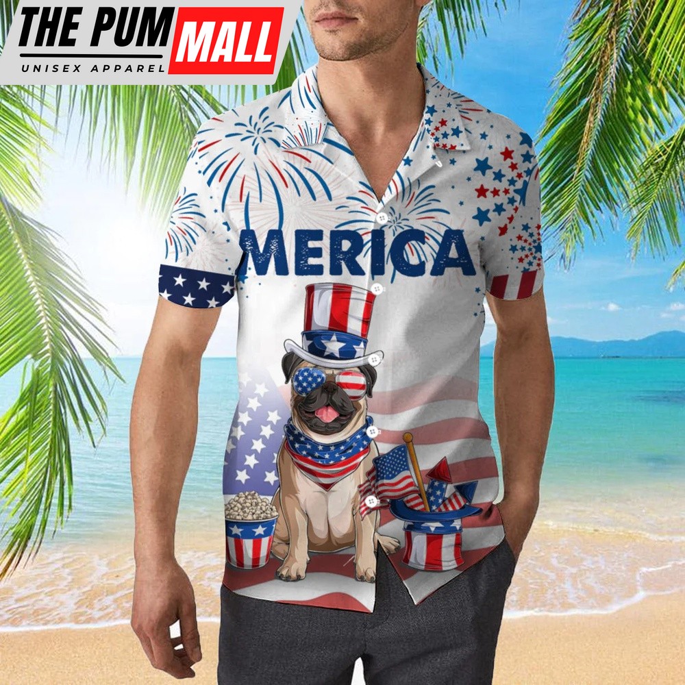 4th Of July Hawaiian Shirt, Bulldog American Flag 4Th Of July Firework Hawaiian Shirt, Hawaiian Fourth Of July Shirt