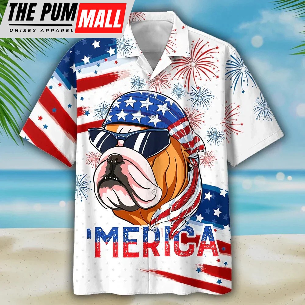 4th Of July Hawaiian Shirt, Bulldog Merica Independence Day Usa Flag Hawaiian Shirt Gift For Dog Lovers, Hawaiian Fourth Of July Shirt