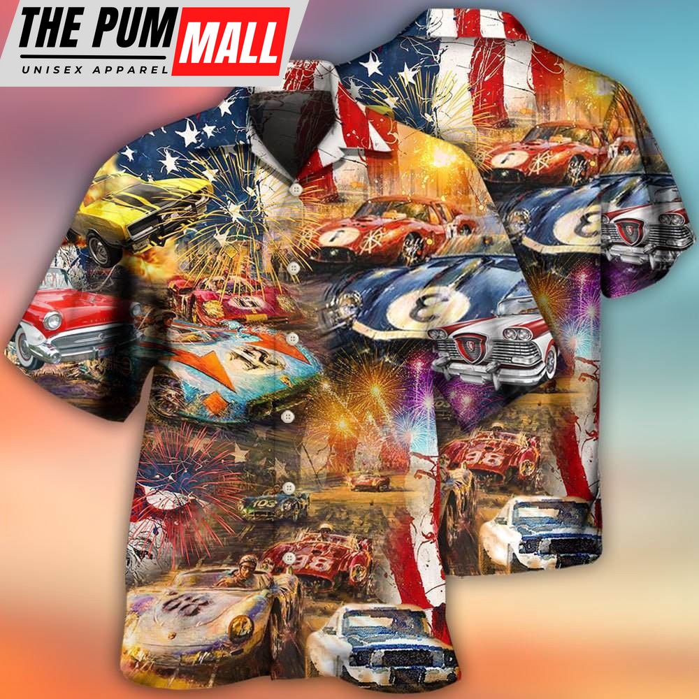 4th Of July Hawaiian Shirt, Car Racing Independence Day Hawaiian Shirt, Hawaiian Fourth Of July Shirt