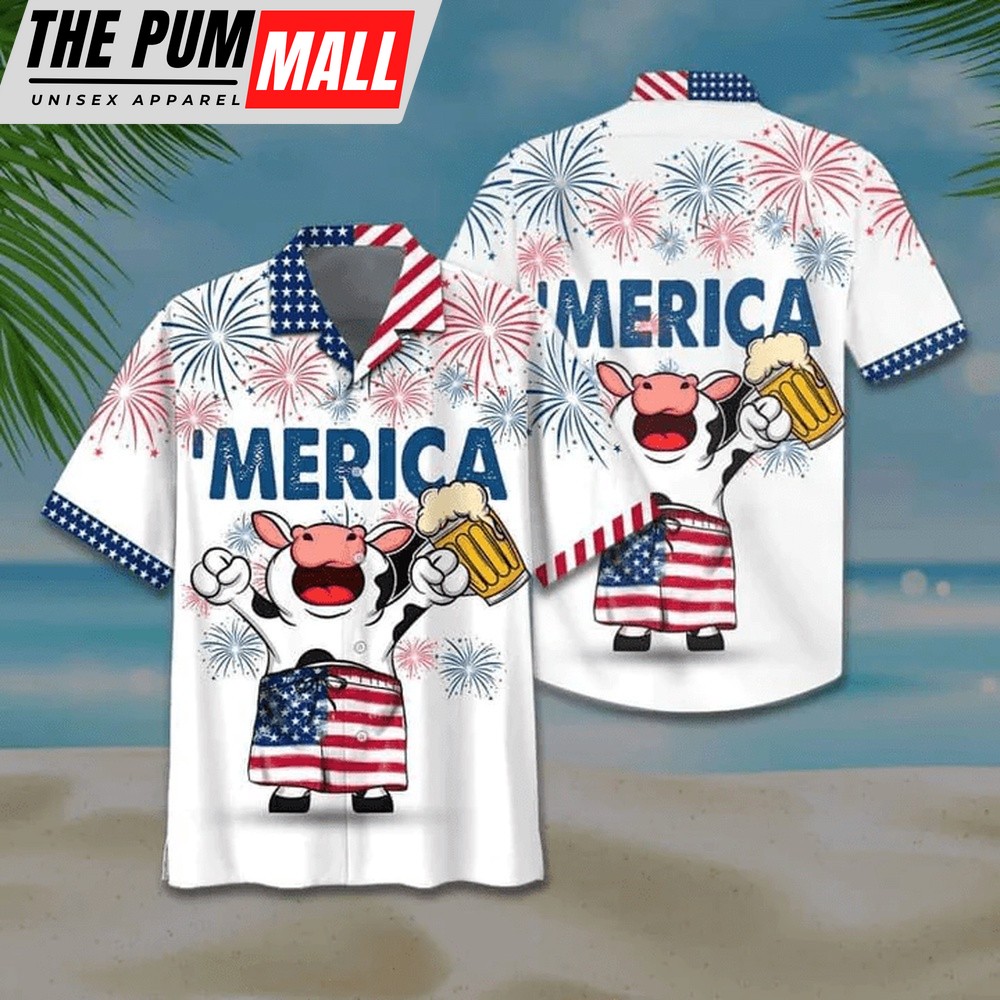 4th Of July Hawaiian Shirt, Cow And Beer 4Th Of July Hawaiian Shirt, American Flag Hawaiian Shirts, Hawaiian Fourth Of July Shirt