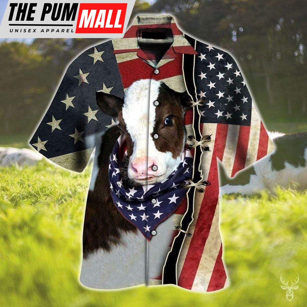 4th Of July Hawaiian Shirt, Cute Flag Cow Hawaiian Aloha Shirts Shirt, Gift For Cowe Lovers, Hawaiian Fourth Of July Shirt