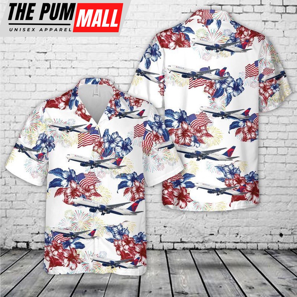 4th Of July Hawaiian Shirt, Delta Airlines 767 4Th Of July Hawaiian Shirt, Hawaiian Fourth Of July Shirt