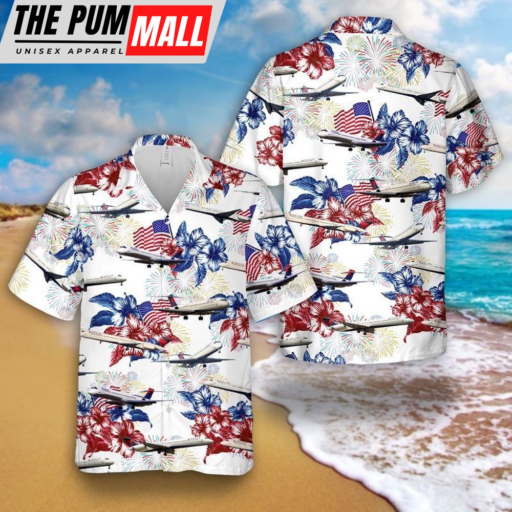 4th Of July Hawaiian Shirt, Delta Airlines Md-88 4Th Of July Hawaiian Shirt, Hawaiian Fourth Of July Shirt