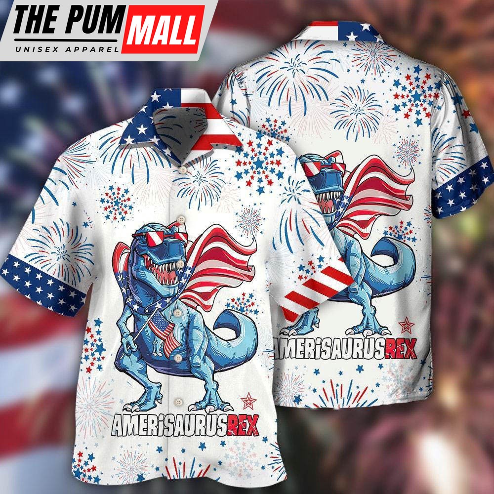 4th Of July Hawaiian Shirt, Dinosaur Independence Day Dinosaurus Hawaiian Shirt, Hawaiian Fourth Of July Shirt