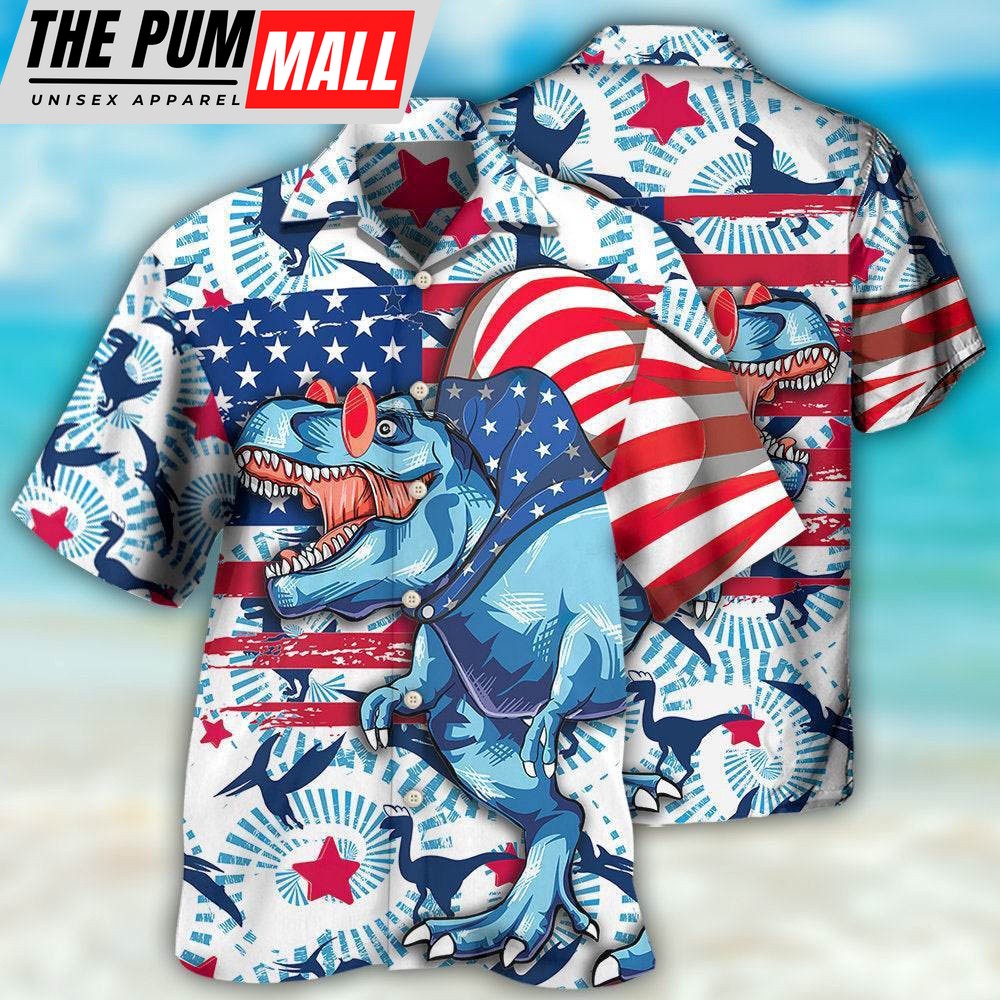4th Of July Hawaiian Shirt, Dinosaur Independence Day Funny Dinosaurus Hawaiian Shirt, Hawaiian Fourth Of July Shirt