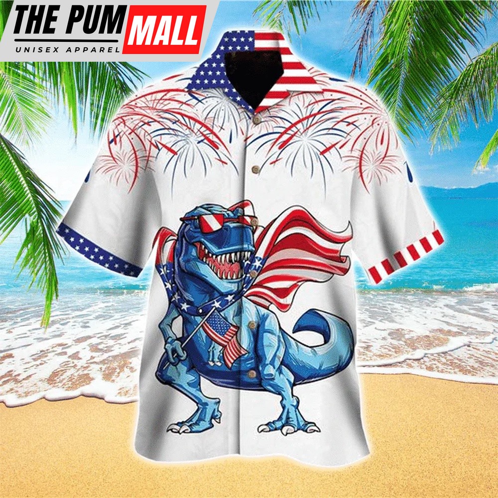 4th Of July Hawaiian Shirt, Dinosaurs Celebrating Independence Day Hawaiian Shirt, Hawaiian Fourth Of July Shirt
