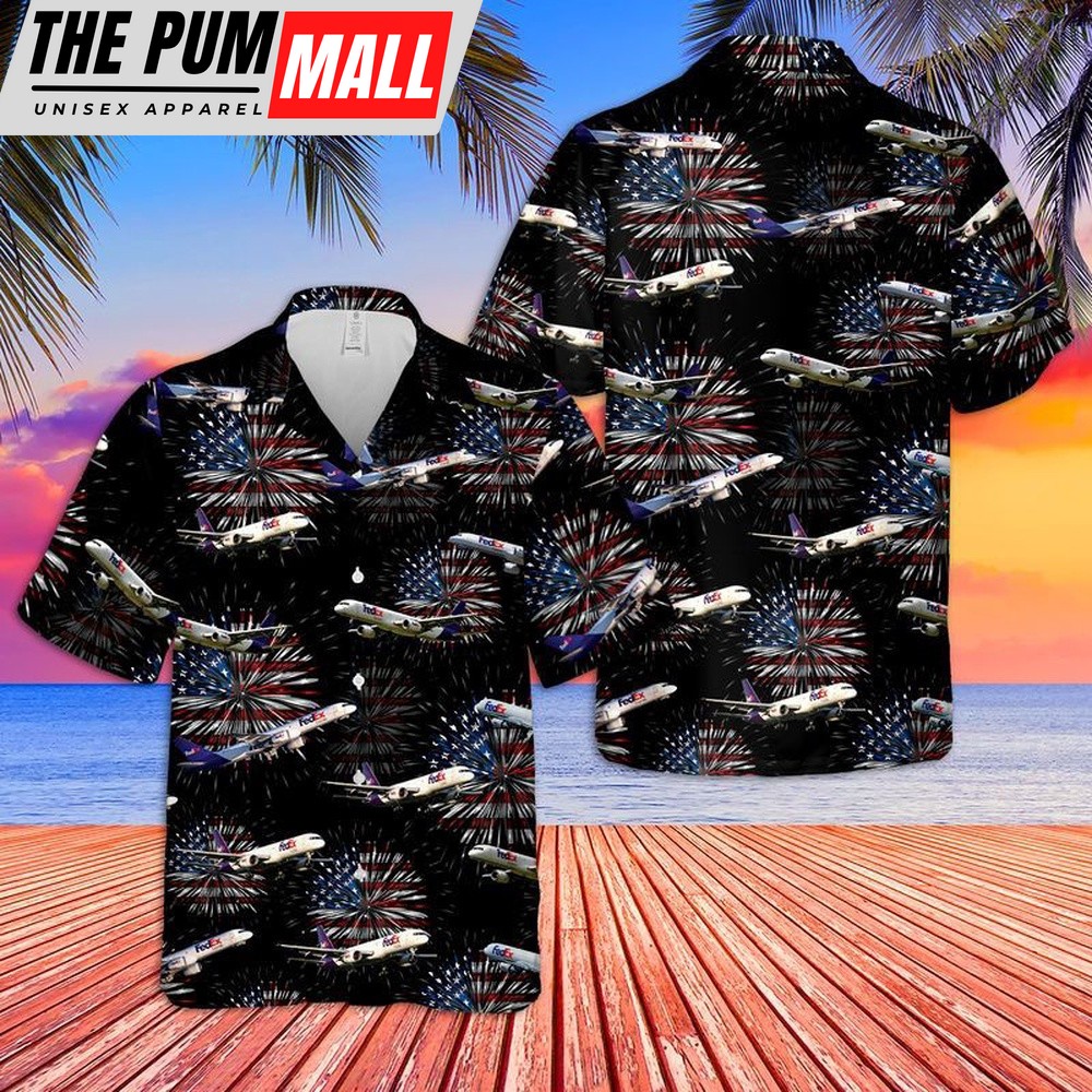 4th Of July Hawaiian Shirt, Fedex Boeing 757 4Th Of July Hawaiian Shirt, Hawaiian Fourth Of July Shirt