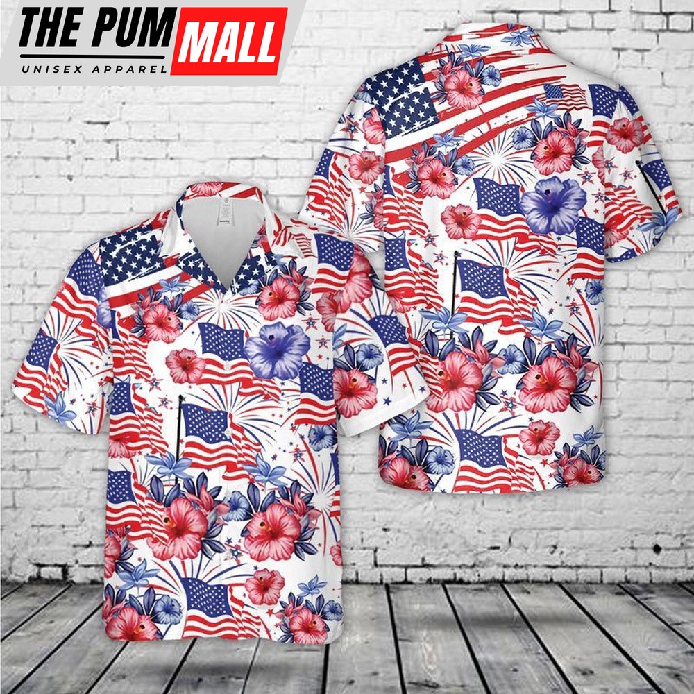 4th Of July Hawaiian Shirt, Flower American Flag 4Th Of July Hawaiian Shirt, Hawaiian Fourth Of July Shirt