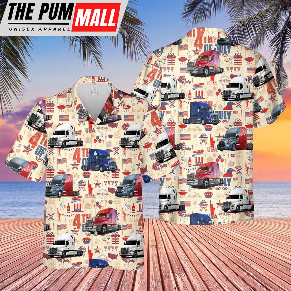 4th Of July Hawaiian Shirt, Freightliner Cascadia 4Th Of July Hawaiian Shirt, Hawaiian Fourth Of July Shirt
