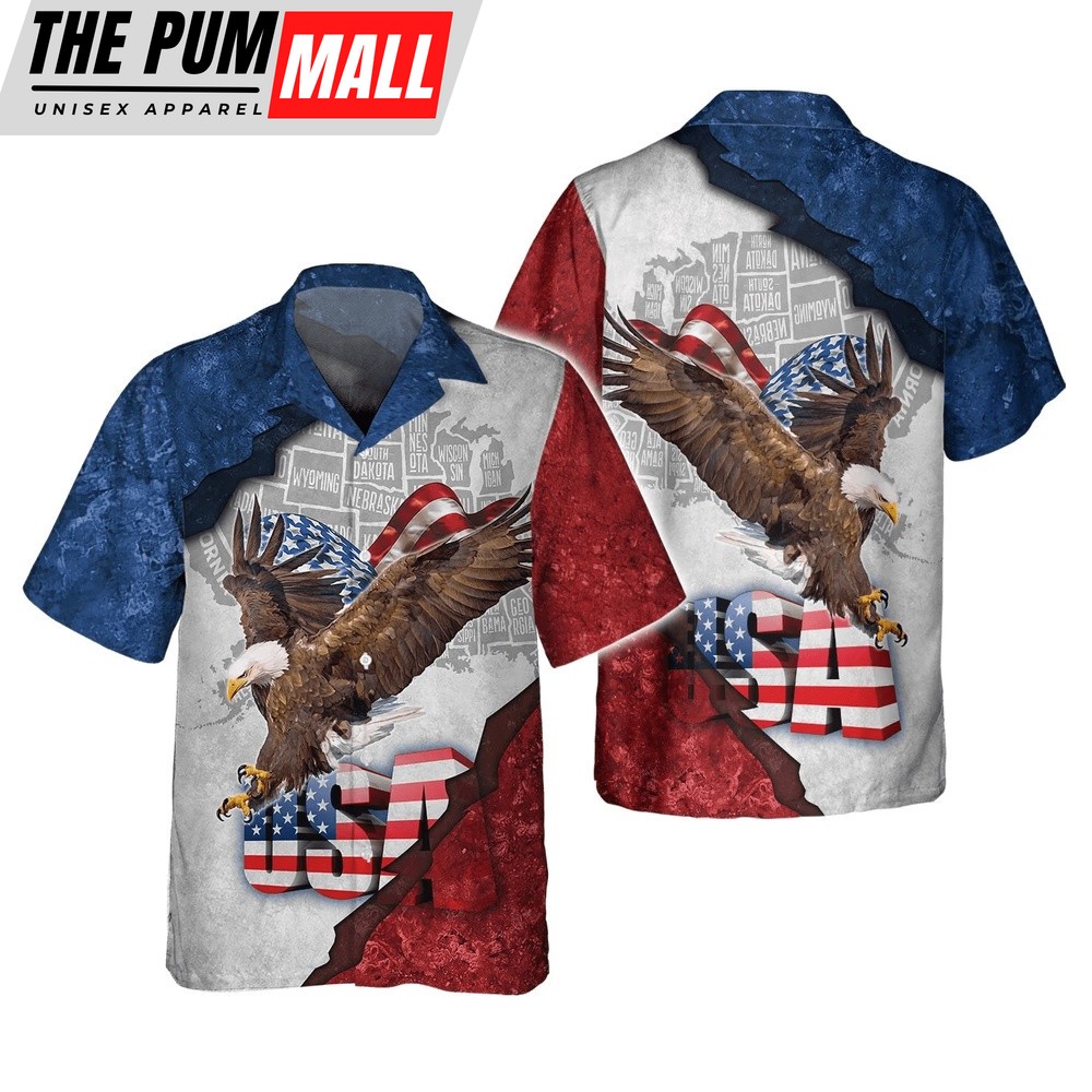4th Of July Hawaiian Shirt, Happy Independence Day Eagle U.S Map All 3D Printed Hawaiian Shirt, Hawaiian Fourth Of July Shirt