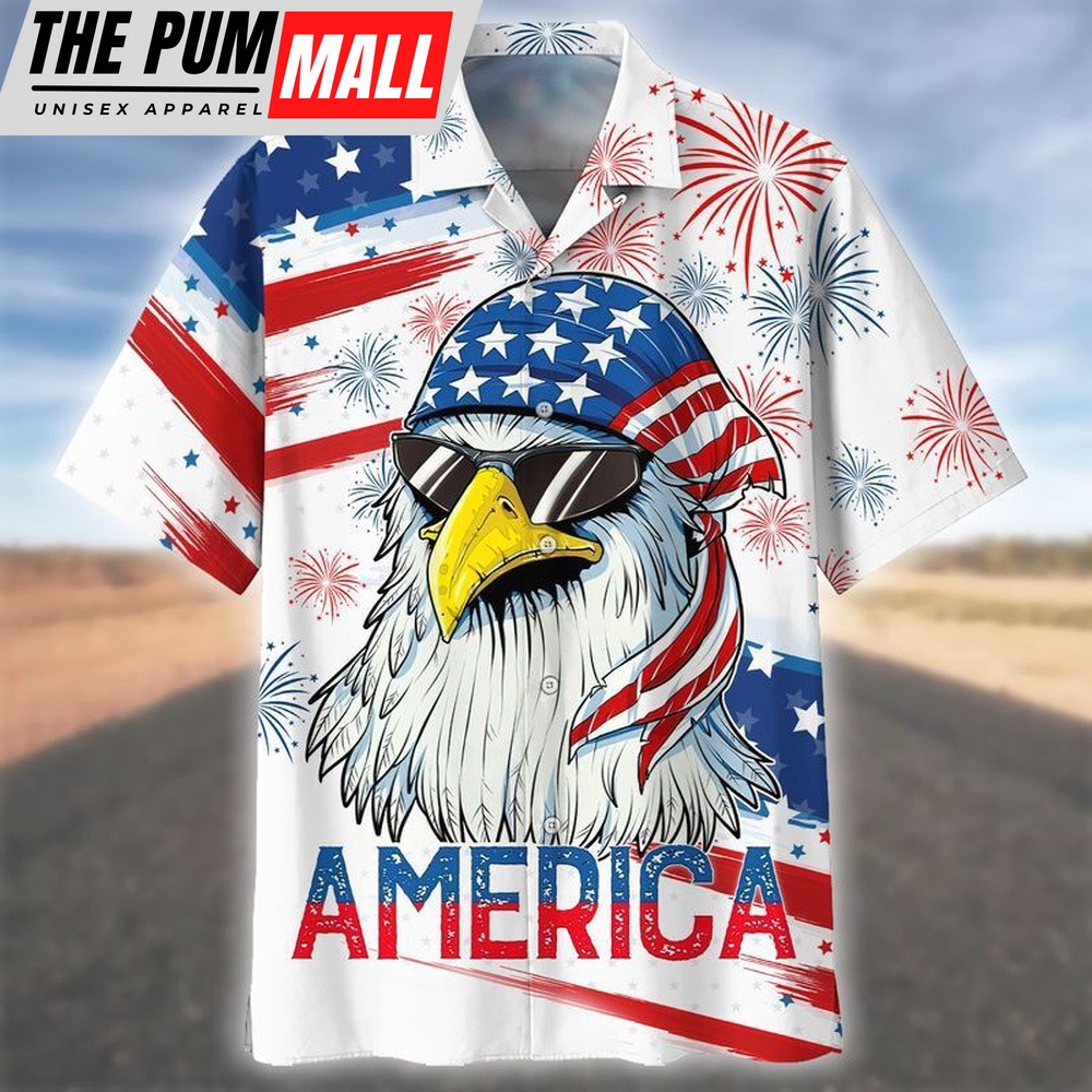 4th Of July Hawaiian Shirt, Happy Independence Day Eagle With Sunglasses All Printed 3D Hawaiian Shirt, Hawaiian Fourth Of July Shirt
