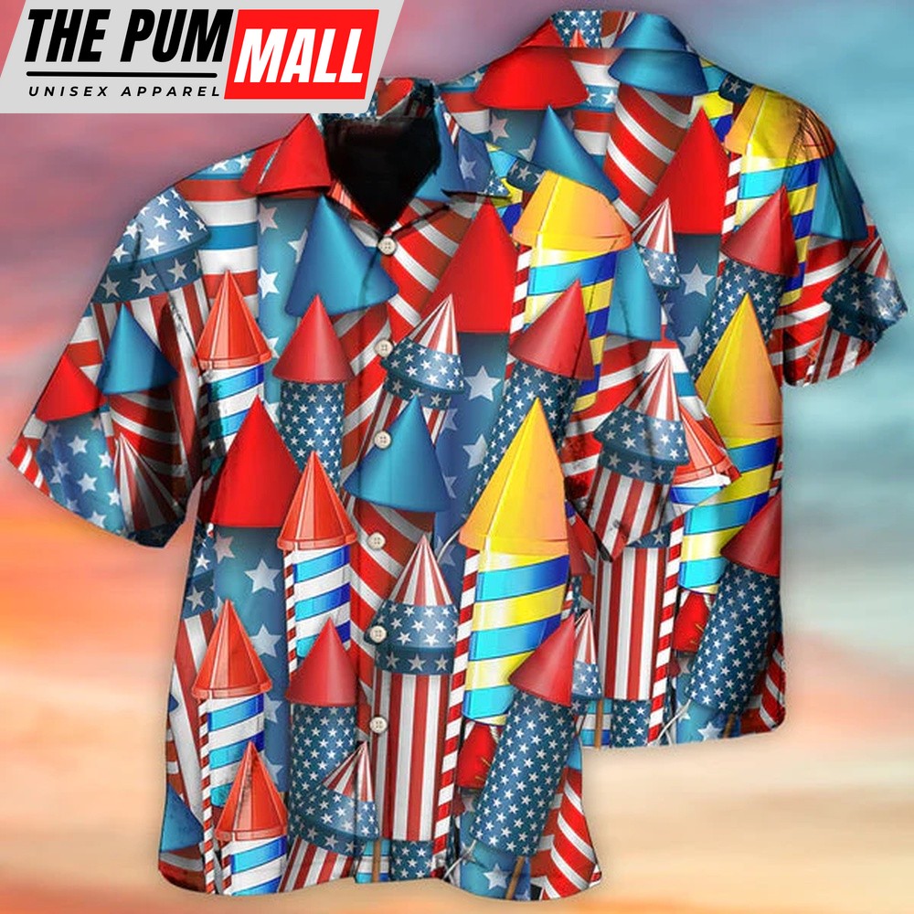 4th Of July Hawaiian Shirt, Happy Independence Day Firework All Printed 3D Hawaiian Shirt, Hawaiian Fourth Of July Shirt