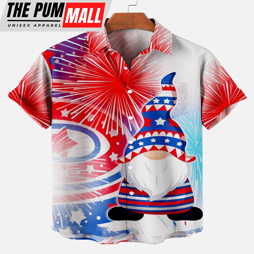 4th Of July Hawaiian Shirt, Happy Independence Day Firework Flag Pattern Men’s Short Sleeve Pocket Shirt, Hawaiian Fourth Of July Shirt