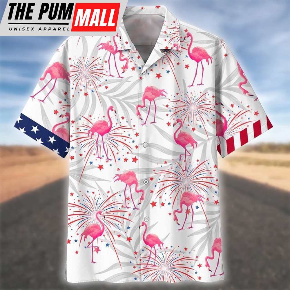 4th Of July Hawaiian Shirt, Happy Independence Day Flamingo Firework All Printed 3D Hawaiian Shirt, Hawaiian Fourth Of July Shirt