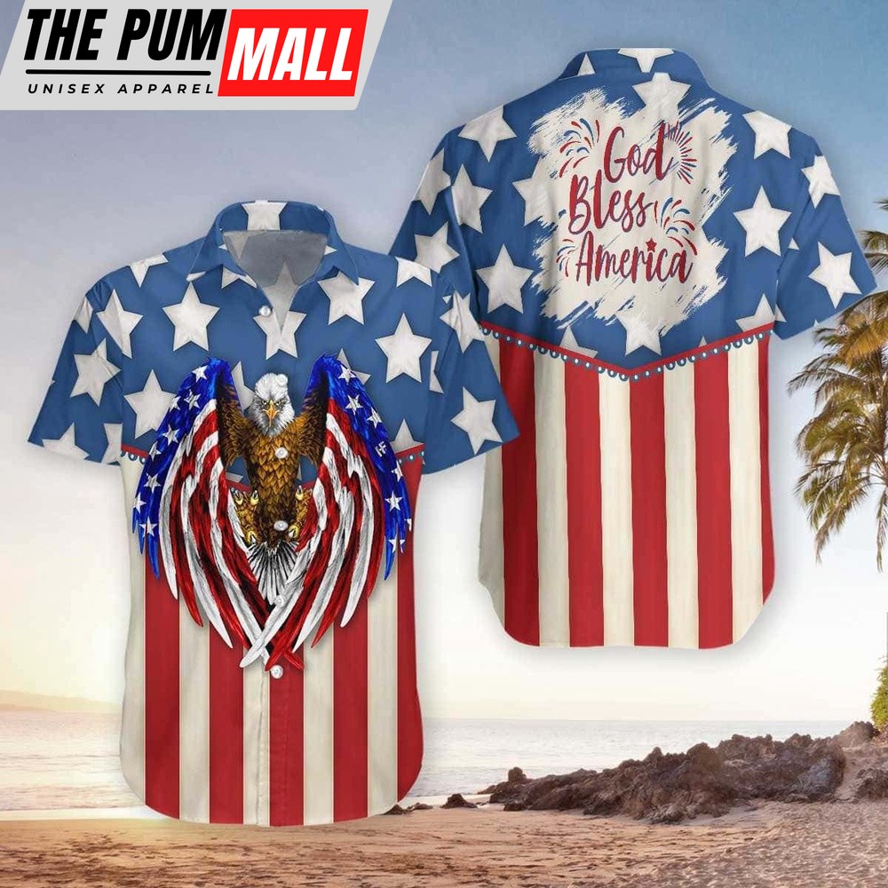 4th Of July Hawaiian Shirt, Hawaiian Aloha Shirts God Bless America 4Th Of July Eagle Hawaiian Shirt, Hawaiian Fourth Of July Shirt