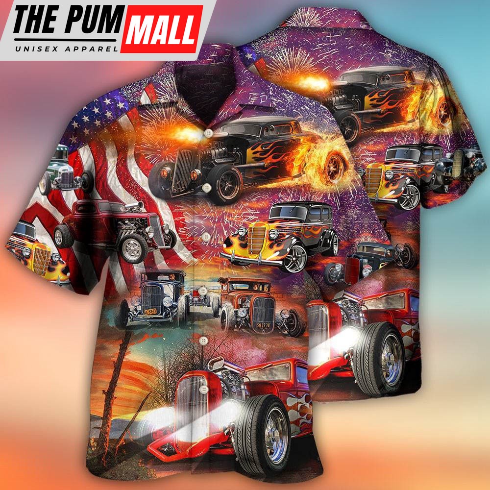 4th Of July Hawaiian Shirt, Hot Rod Independence Day Firework Happy Hawaiian Shirt, Hawaiian Fourth Of July Shirt
