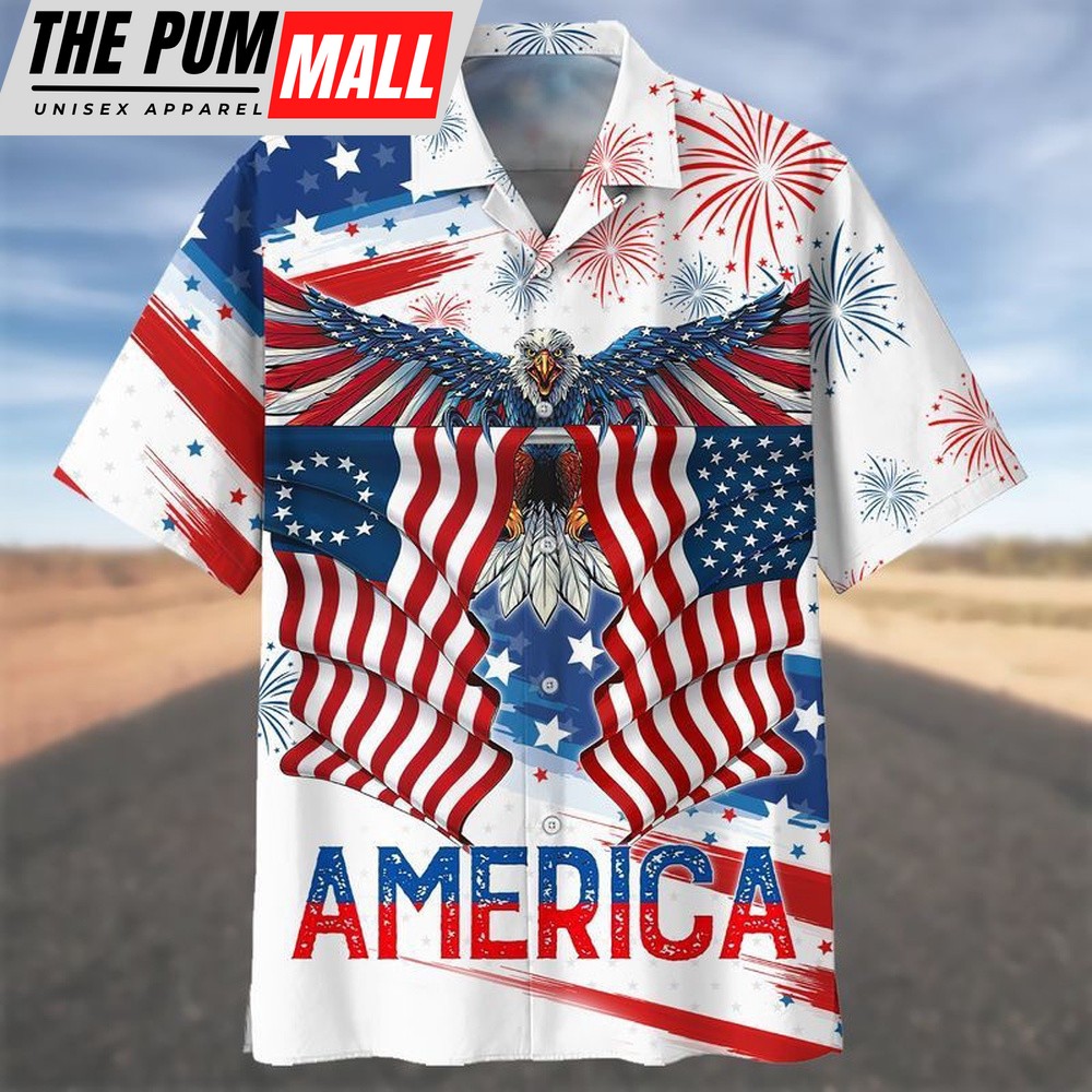 4th Of July Hawaiian Shirt, Independence Day 3D Hawaiian Shirt Flying Eagle Flags Festive Delight, Hawaiian Fourth Of July Shirt