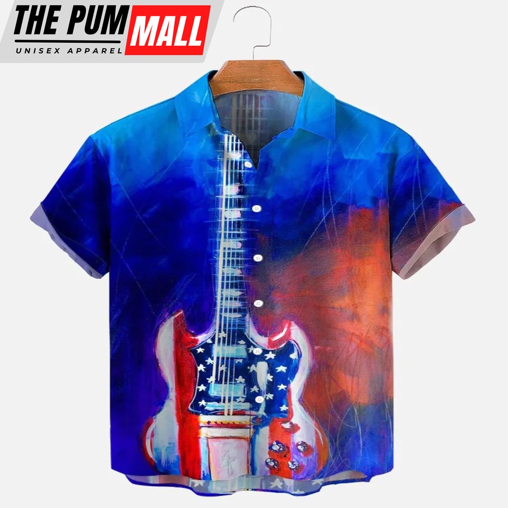4th Of July Hawaiian Shirt, Independence Day American Flag Guitar Men’s Hawaiian Shirts, Hawaiian Fourth Of July Shirt