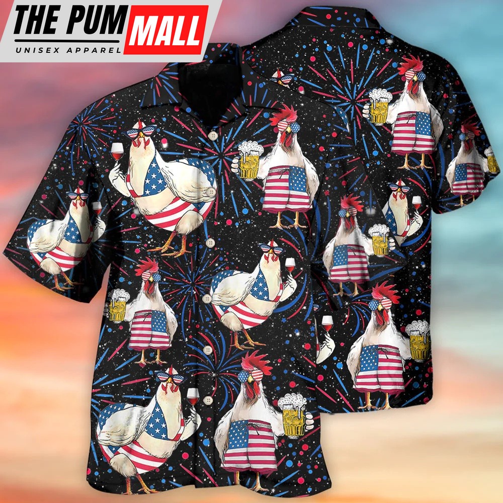 4th Of July Hawaiian Shirt, Independence Day Chickens Beer All Printed 3D Hawaiian Shirt, Hawaiian Fourth Of July Shirt