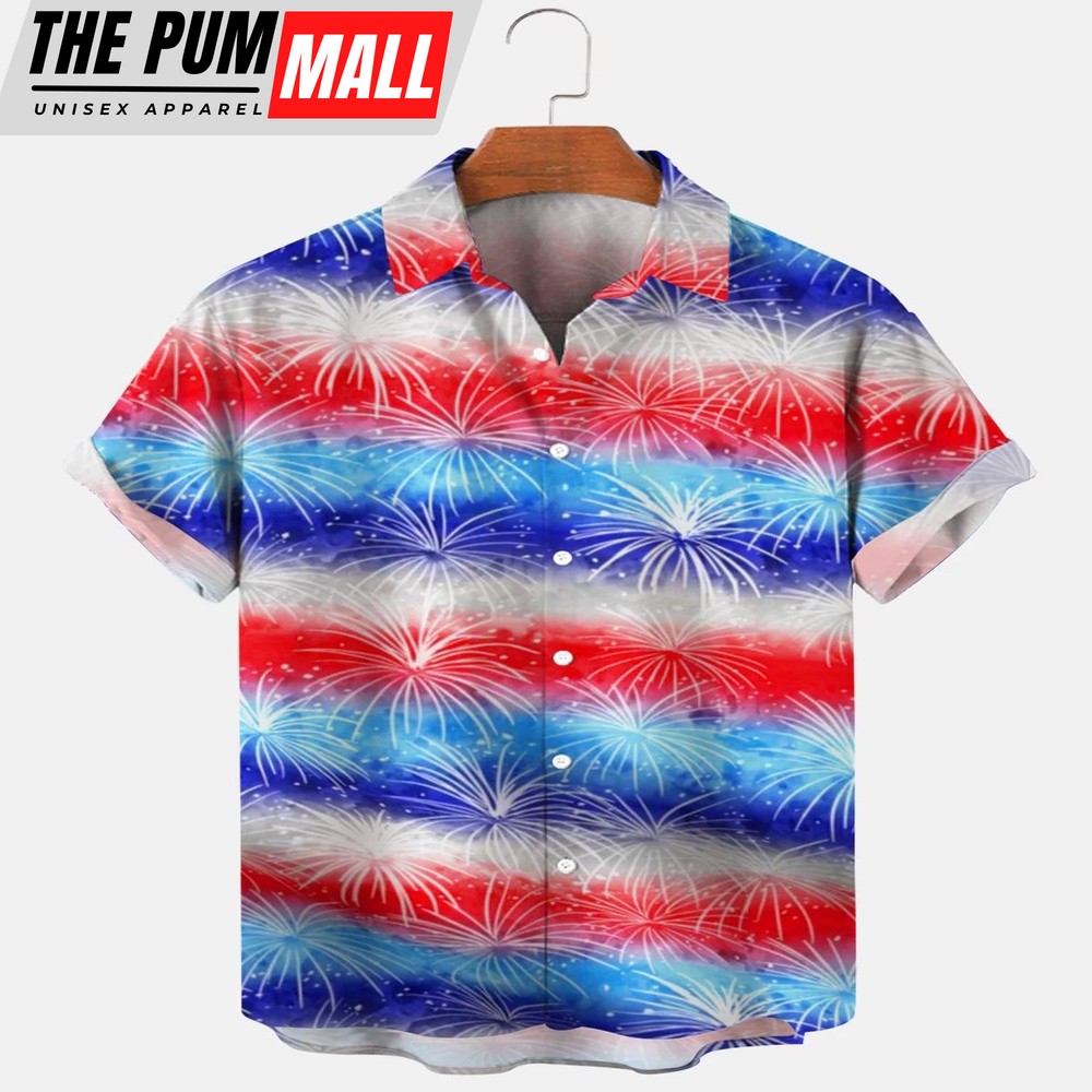 4th Of July Hawaiian Shirt, Independence Day Fireworks Gradient Men’s Hawaiian Shirt Hawaiian Shirt, Hawaiian Fourth Of July Shirt