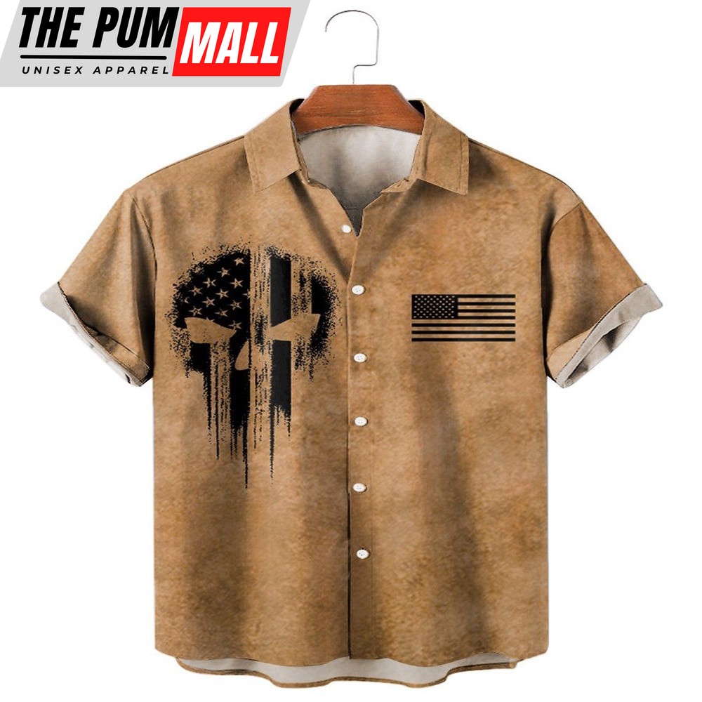 4th Of July Hawaiian Shirt, Independence Day Skull Print Casual Breathable Short Sleeve Shirt, Hawaiian Fourth Of July Shirt