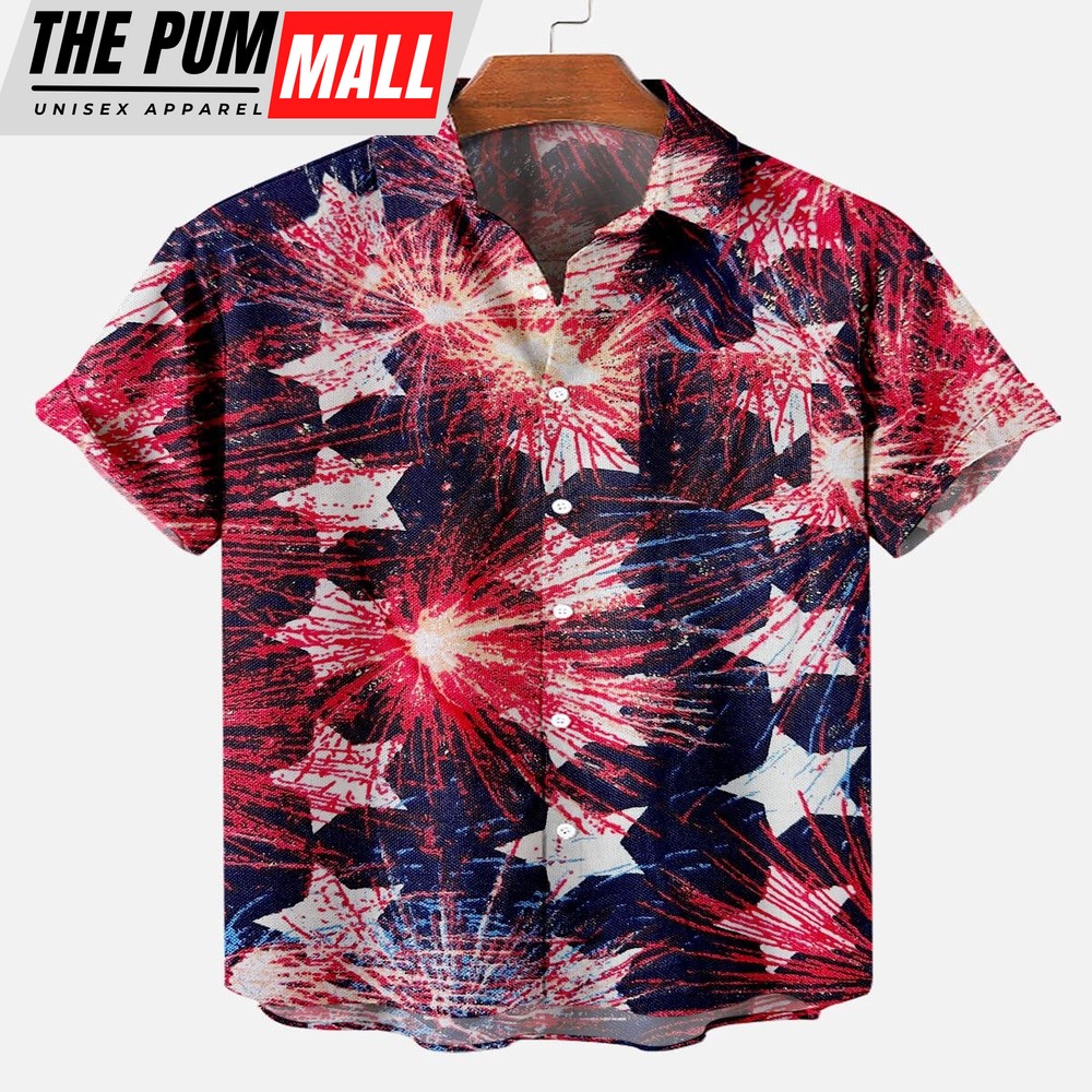 4th Of July Hawaiian Shirt, Independence Day Star Firework Pattern Men’s Short Sleeve Pocket Shirt, Hawaiian Fourth Of July Shirt