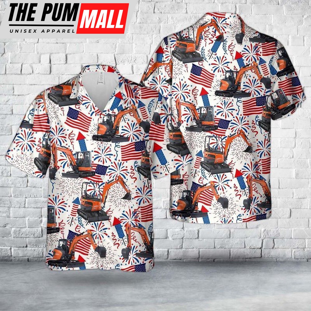 4th Of July Hawaiian Shirt, Kubota Excavator Hawaiian Shirt, Hawaiian Fourth Of July Shirt