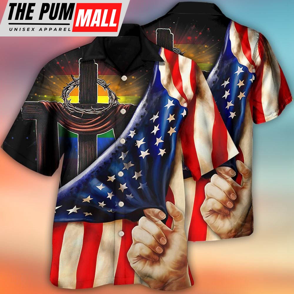 4th Of July Hawaiian Shirt, Lgbt Independence Day Cross Lgbt Flag Lighting Hawaiian Shirt, Hawaiian Fourth Of July Shirt