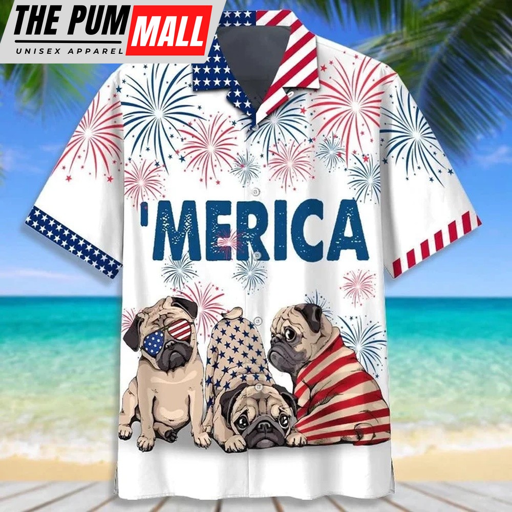 4th Of July Hawaiian Shirt, Love Pug 4Th Of July Hawaiian Shirt, Independence Day Hawaii Shirt, Hawaiian Fourth Of July Shirt