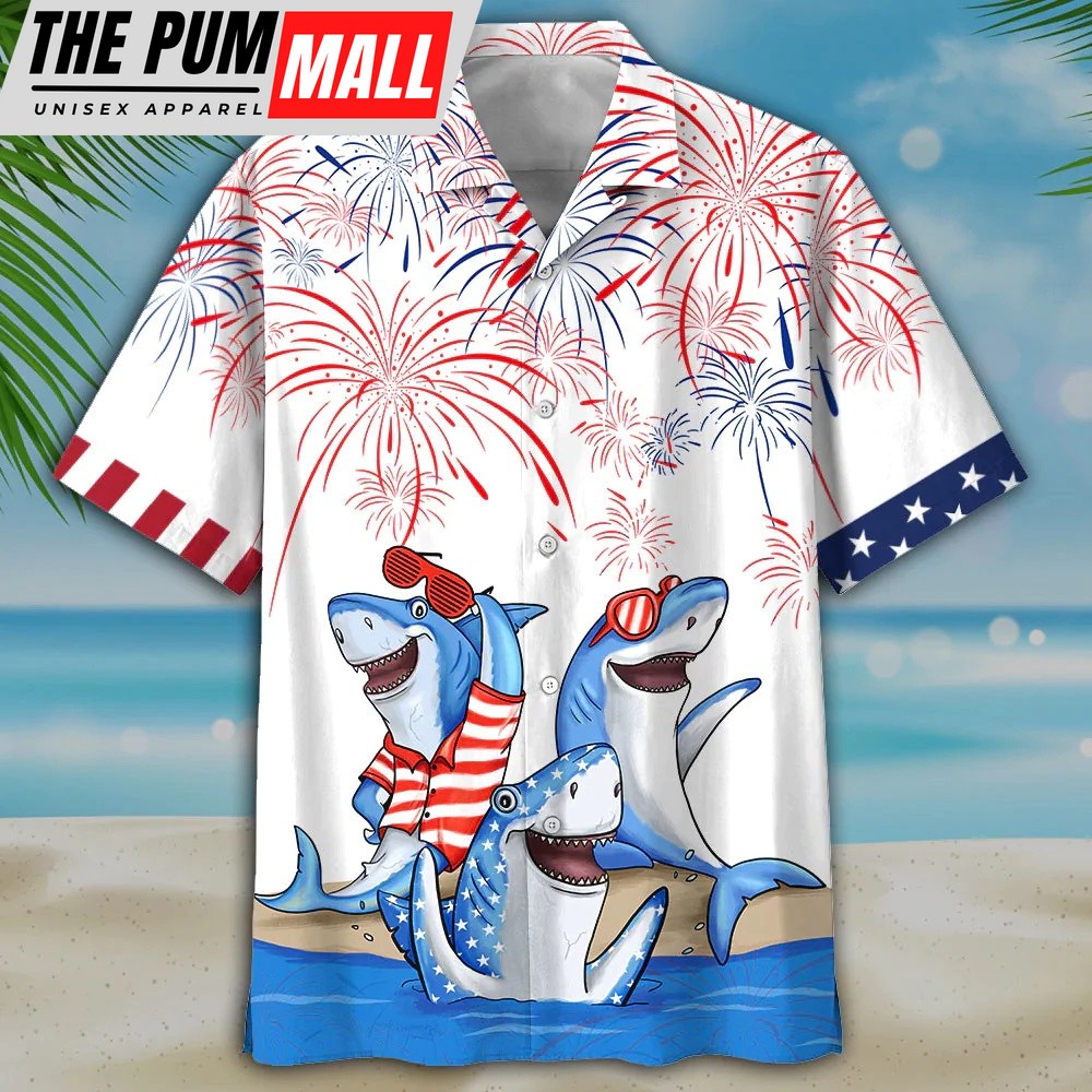 4th Of July Hawaiian Shirt, Men’s 4Th Of July Shark Hawaiian Shirt, Independence Day Hawaiian Shirt, Hawaiian Fourth Of July Shirt