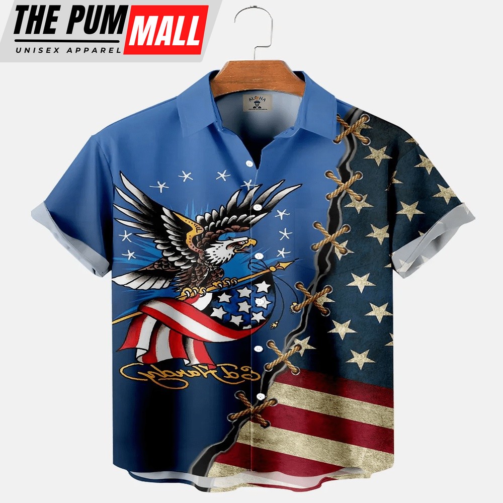4th Of July Hawaiian Shirt, Men’s American Flag And Eagle Panel Print Short Sleeve Shirt Hawaiian Shirt, Hawaiian Fourth Of July Shirt