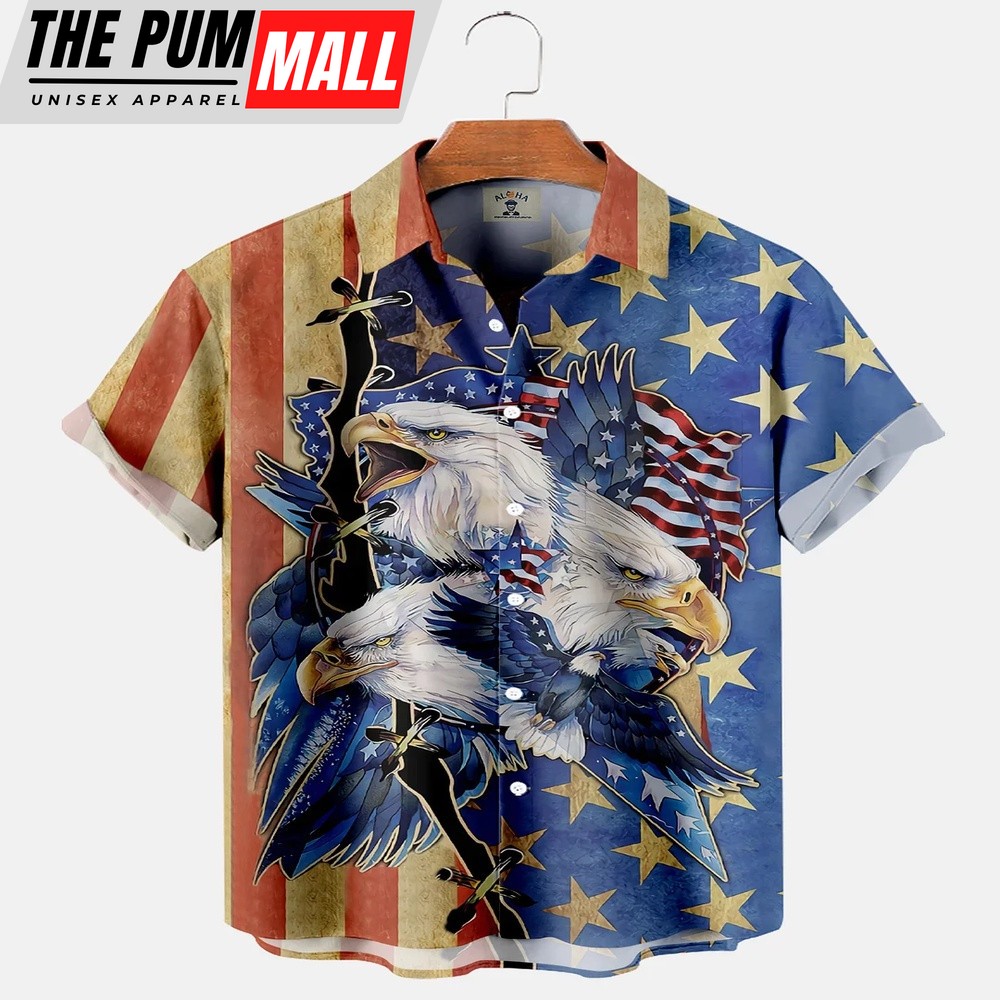 4th Of July Hawaiian Shirt, Men’s American Flag And Eagle Print Short Sleeve Hawaiian Shirt Hawaiian Shirt, Hawaiian Fourth Of July Shirt