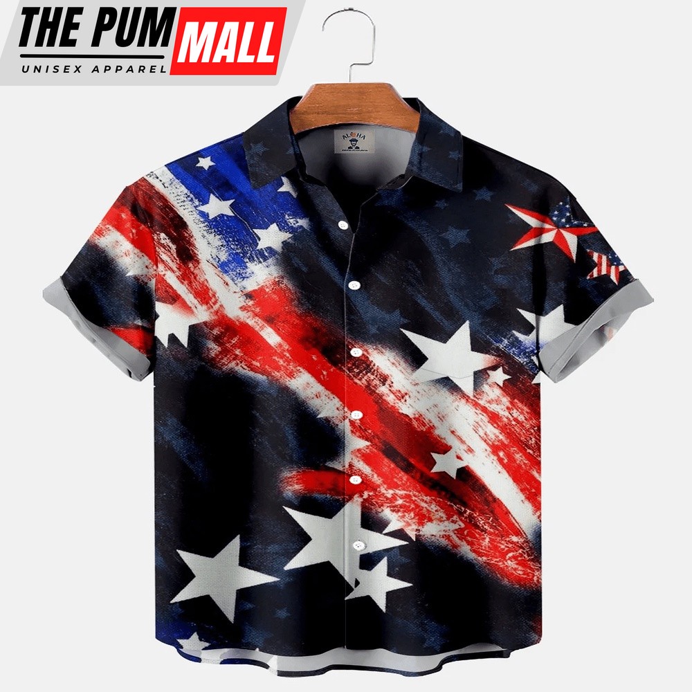 4th Of July Hawaiian Shirt, Men’s American Flag Star Print Short Sleeve Hawaiian Shirt Hawaiian Shirt, Hawaiian Fourth Of July Shirt