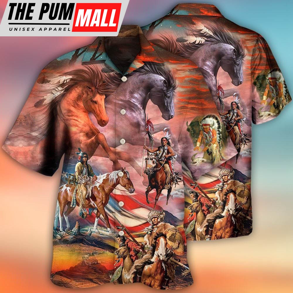 4th Of July Hawaiian Shirt, Native American Independence Day Horse American Flag Hawaiian Shirt, Hawaiian Fourth Of July Shirt