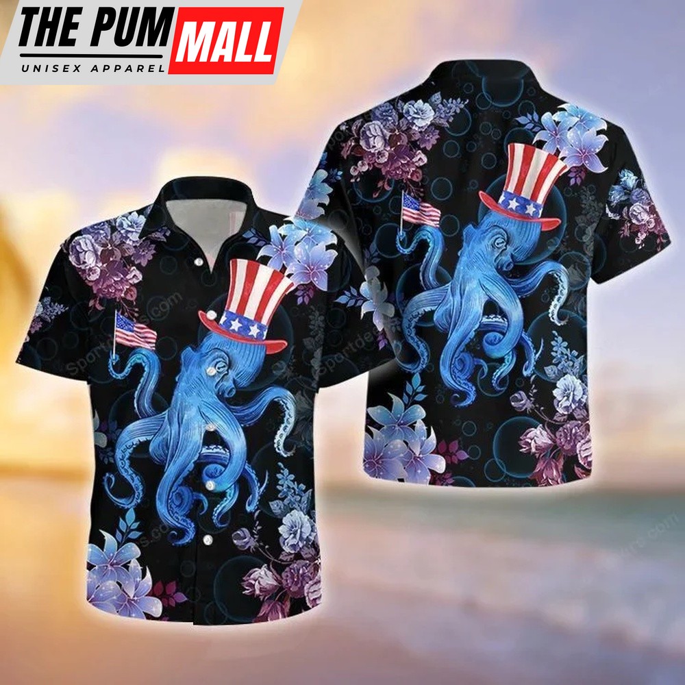 4th Of July Hawaiian Shirt, Ocean, Octopus 4Th July Tropical Hawaiian Shirt, Hawaiian Fourth Of July Shirt