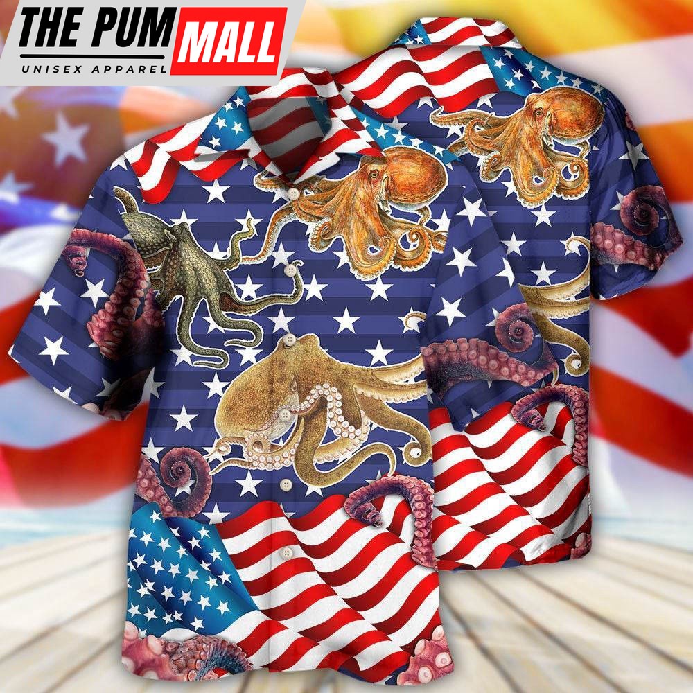 4th Of July Hawaiian Shirt, Octopus Independence Day Usa Flag Hawaiian Shirt, Hawaiian Fourth Of July Shirt